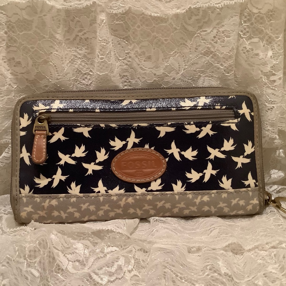 Fossil Coated Canvas Zip Around Blue & Grey Wallet